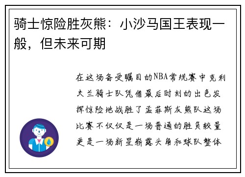 骑士惊险胜灰熊：小沙马国王表现一般，但未来可期