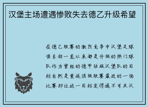 汉堡主场遭遇惨败失去德乙升级希望